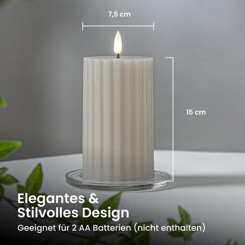 Star Trading LED Stumpenkerze 15cm - Rillen-Optik Flackernd Warmweiß