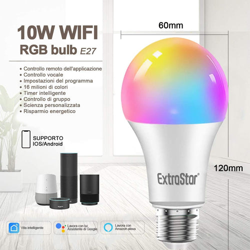 EXTRASTAR LED E27 WLAN-Intelligentes-Birne, 10 W, 1000 LM und 16 Millionen Farben, kompatibel mit Alexa, Google Home 2er-pack