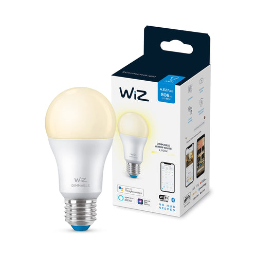 WiZ Warm White LED Lampen E27 2er Pack (806 lm), 60 W Lampen mit warmweißem dimmbarem Licht, smarte Lichtsteuerung über WLAN per Stimme/App