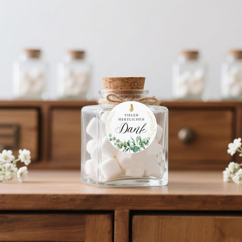 100 Stück Dankesetiketten rund 5 cm mit grünen Blättern – Geschenkanhänger mit Sprüchen & Schnur, Papieranhänger für Geschenkverpackung, Hochzeit, Party, Flaschen & Geschenkboxen