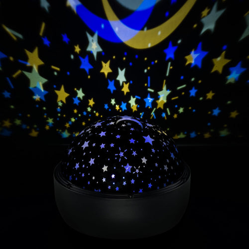 Idena 50145 - LED Projektor Sternenhimmel, leuchtet in den Farben Weiß, Blau und Gelb, LED Sternenhimmel Projektor mit 2 Modi, für Innen, batteriebetrieben, ca. 16,2 x 13 cm