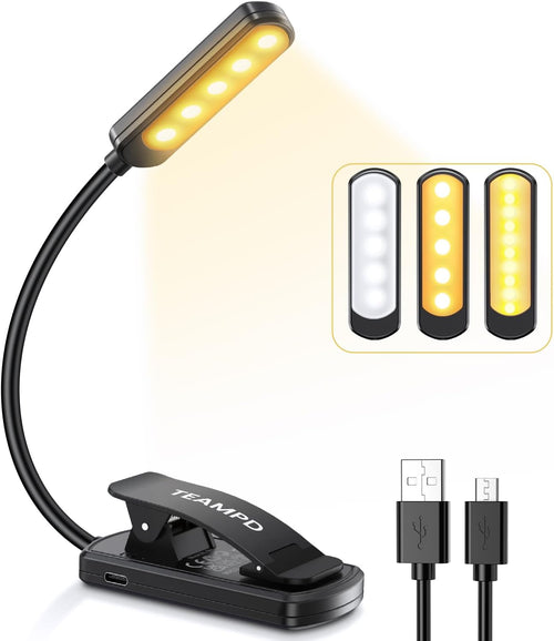 TEAMPD Leselampe Buch Klemme, Buchlampe mit 10 LEDs, 3 Farbtemperatur Modi Dimmbare Helligkeit, Augenschutz Klemmlampe, USB Wiederaufladbare Klemmleuchte, 360° Flexibel für Nachtlesen ins Bett, Reisen