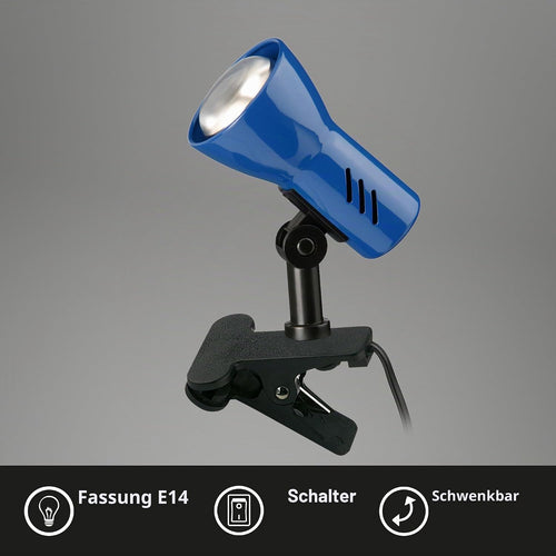 BRILONER - Schreibtischlampe mit Kabelschalter, schwenkbar, E14 Fassung, max. 40 Watt, Klemmlampe, Klemmleuchte, Nachttischlampe, Leselicht Kinder, Bürolampe, Leselampe Bett, 6,5x11,5x10,8 cm, Blau