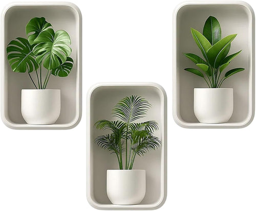 3 Stück Wandaufkleber Pflanzen, 3D Bilder Wandtattoo Wohnzimmer, Selbstklebende Wandsticker mit Blumenmotiv, Wandtattoo Badezimmer für moderne Wanddekoration
