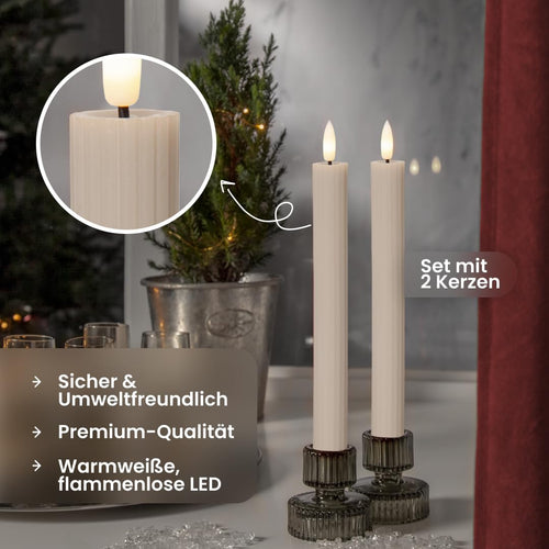 Star 2er Set LED Stabkerzen 25cm, Echtwachs, Flackerflamme & Timer