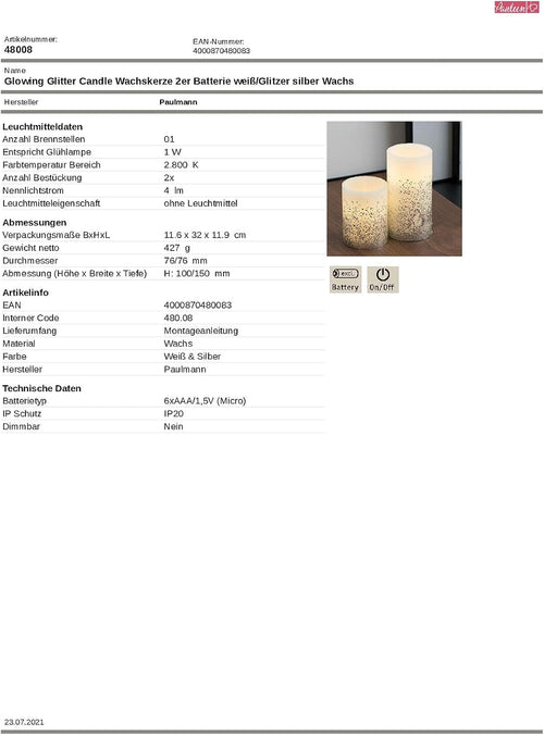Pauleen 48008 Glowing Glitter Candle Wachskerze 2er Set Echtwachs LED Kerzen, warmweiß, flackernde Flamme Weiß Silber