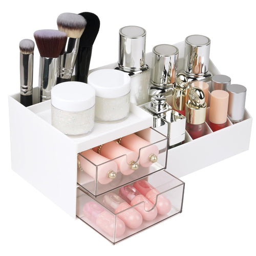 URAQT MakeUp Organizer, Kosmetik Organizer mit 2 Schubladen und 10 Fächern