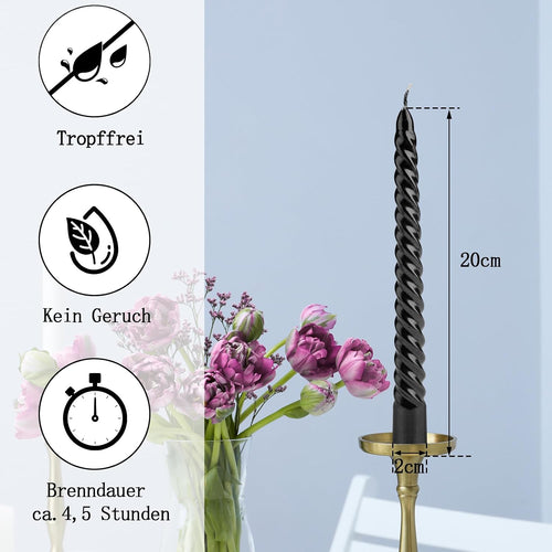 Bolosa 4 Stück Spiralkerzen Schwarz, Spitzkerzen, Lange Kerzen, Aesthetic, Dinner Kerzen Gedreht