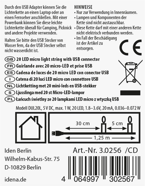 Idena Micro Lichterkette Innen 20 LEDs in Warmweiß, 1,25 m, 5 Stück