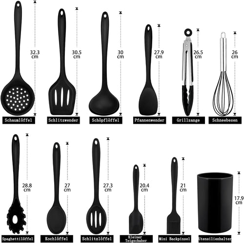 Homikit Silikon Küchenhelfer Set, 12 Stück Schwarz Kochutensilien