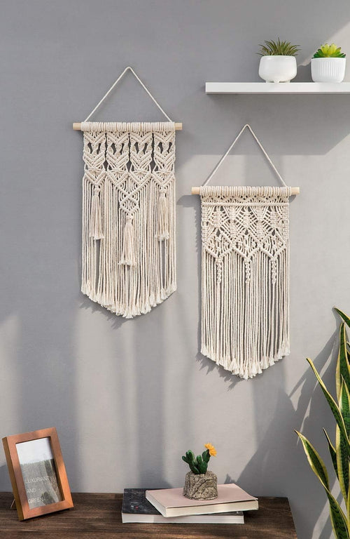 Mkouo 2 Stk Makramee Wandbehang, Boho Dekor Gewebter Wanddeko, Elfenbein