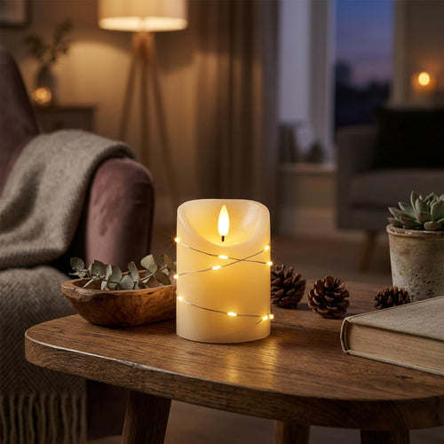 LED Universum - LED Kerze Cynthia 10cm, Echtwachskerze umwickelt mit einer LED Lichterkette, cremefarben, warmweißes Licht, 5h Timer, Batteriebetrieben: 2x AA (nicht inklusive) (Cynthia 10 cm)