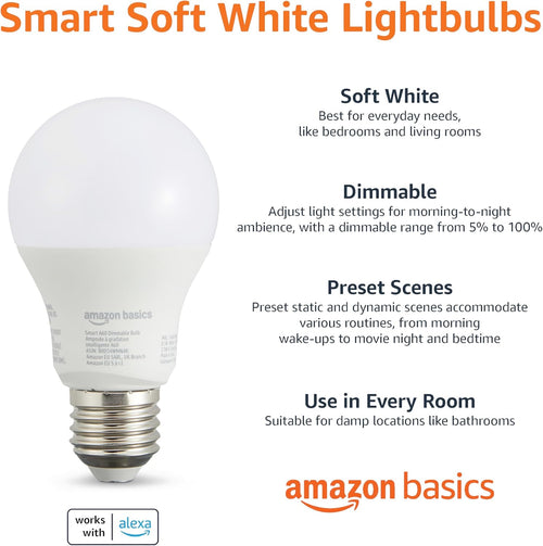 Amazon Basics smarte LED-Glühbirne, dimmbar, E27, sanftes Weiß, 8W (60W Equivalent), funktioniert nur mit Alexa, 1 Stück