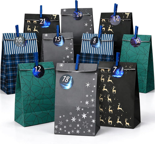 Adventskalender Tüten zum Befüllen, 24 Diy Adventskalender zum Befüllen mit Zahlenaufklebern & Klammern, Papiertüten Weihnachtskalender Tüten, Weihnachten Geschenke Machen