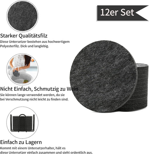BOENFU Untersetzer Gläser Filz Untersetzer Rund 12er Set 10cm Bierdeckel Glasuntersetzer mit Halter für Getränke, Zuhause Restaurant Büro und Bar