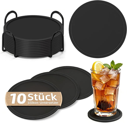 HELI MIAO Untersetzer Gläser Silikon mit Halter,rutschfest Glasuntersetzer mit Hohem Rand für Auslaufschutz,Hitzebeständig Tassenuntersetzer für Couchtisch,Esstisch&Bar,10Stück mit Halter Schwarz