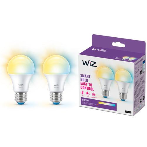 WiZ Warm White LED Lampen E27 2er Pack (806 lm), 60 W Lampen mit warmweißem dimmbarem Licht, smarte Lichtsteuerung über WLAN per Stimme/App