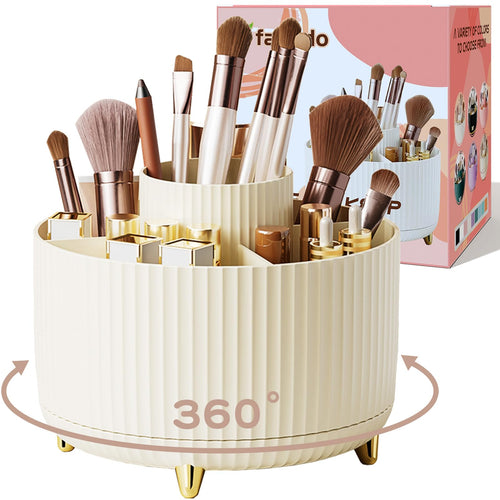 fanado 360 ° drehbarer Make-up-Organizer, Make-up-Pinselhalter, 5 Fächer für Make-up und Hautpflege-Aufbewahrung für Schminktisch, Desktop, Badezimmer (weiß)