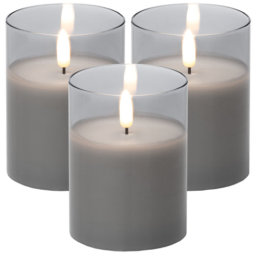 Brandsseller LED Kerze 7,5x10 cm Echtwachs im Glas Warmweiß Flackerfunktion Timerfunktion - Grau