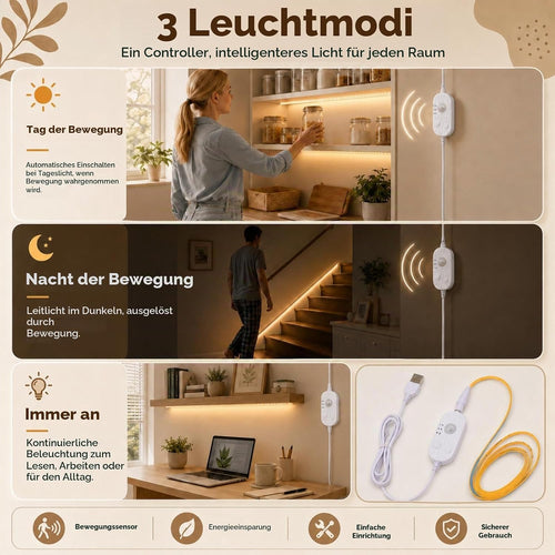 COB LED Streifen mit Bewegungsmelder 1M, Warmweiß 2700K, 320LEDs Licht Leiste mit 3-Modi, Dimmbar CRI90+ Led Strip Selbstklebend mit Timing-Funktion Für Schrank,Küche,Wohnzimmer,Schlafzimmer,Treppe