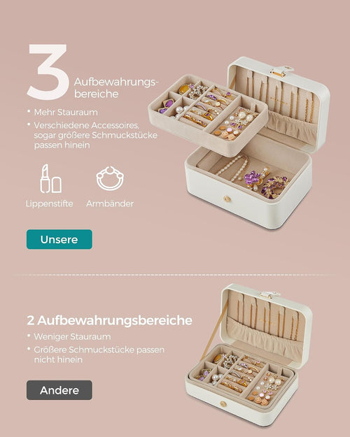 SONGMICS Schmuckkästchen Reise, 2 Ebenen, tragbar, 16 x 11 x 7,8 cm