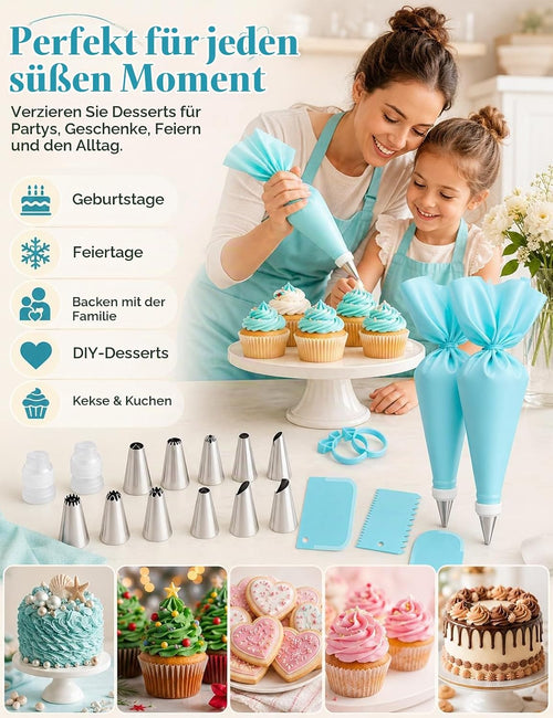 WOFEIS 21-teiliges Spritzbeutel-Set | Premium Torten Dekorationsset für Kuchen, Cupcakes & Kekse | Inkl. 12 Edelstahl-Spritztüllen & reißfesten PE-Einweg-Spritzbeuteln | Profi Backzubehör