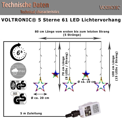 VOLTRONIC LED Lichtervorhang, innen und außen, IP44, Modell- und Farbwahl, 5 Sterne 61 LEDs, warmweiß, Fernbedienung