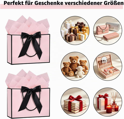 SHUBEIEUMI 3 Geschenktüten 28x20x10cm (Rosa mit schwarzem Rand)