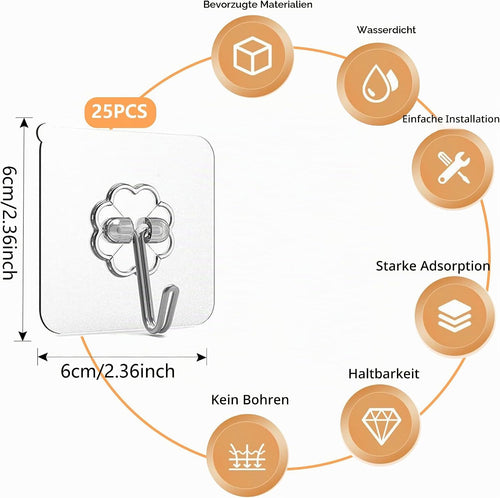 25 Stück Haken Selbstklebend, Klebehaken Transparent, Klebehaken Extra Stark Haken ohne Bohren, Selbstklebende Haken für Küche Badezimmer Wand & Decke Aufhänger, Max 10kg