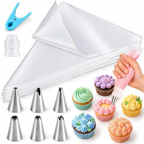 HAKACC 100 Stück Einweg Spritzbeutel Set, 30×20cm Spritztüten mit 6 Tüllen