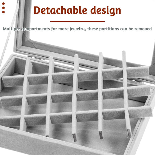 AMJKEJI Jewelry Organizer Schmuckkasten Grau 24 Fächer, Samt Aufbewahrung Schmuckkasten mit Glas Deckel, Verstellbar Schmuckschatulle für Halskette, Ring, Armband, Ohrringe