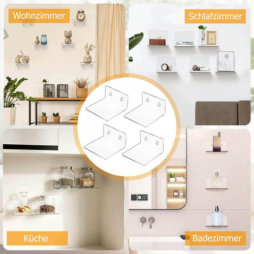 4 Stück Wandregal Ohne Bohren 10 x 10 cm Klares Wandregal, Acryl Schwebendes Regalbrett, Kleines Regal Wand für Wohnzimmer Schlafzimmer Badezimmer Küche Selbstklebend L-Typ