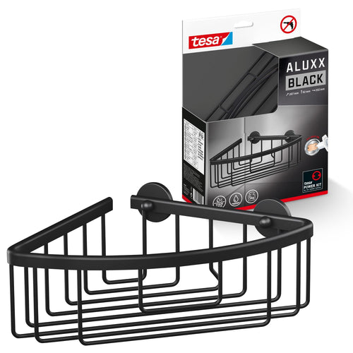 tesa ALUXX BLACK Seifenablage zur Wandmontage ohne Bohren, schwarz matt - für Bäder im Industrial Style und moderne Badezimmer - mit Klebelösung - 135 mm x 46 mm x 95 mm