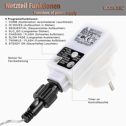 VOLTRONIC LED Lichtervorhang, innen und außen, IP44, Modell- und Farbwahl, 5 Sterne 61 LEDs, warmweiß, Fernbedienung