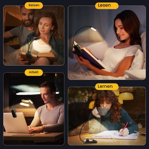 Leselampe Buch Klemme, GARITE 10 LED Buchlampe mit Stufenloser Dimmung, 3 Farbmodi (Warm/Kühl/Weiß), USB Wiederaufladbare Klemmlampe, 360° Faltbare Leselampe für Nachtlesen, Buch, Bett, Büro, Reisen