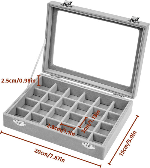AMJKEJI Jewelry Organizer Schmuckkasten Grau 24 Fächer, Samt Aufbewahrung Schmuckkasten mit Glas Deckel, Verstellbar Schmuckschatulle für Halskette, Ring, Armband, Ohrringe