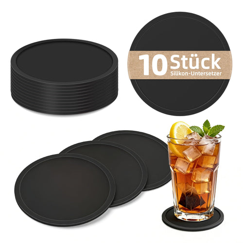 HELI MIAO Untersetzer Gläser Silikon mit Halter,rutschfest Glasuntersetzer mit Hohem Rand für Auslaufschutz,Hitzebeständig Tassenuntersetzer für Couchtisch,Esstisch&Bar,10Stück mit Halter Schwarz