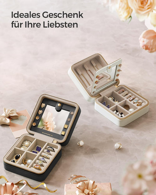 SONGMICS Schmuckkästchen Reise, Spiegel, PU-Bezug, 11,4 x 11,4 x 6 cm