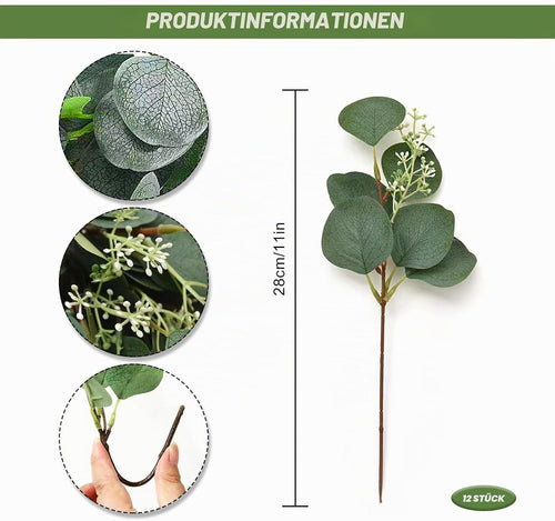 Künstliche Eukalyptus Deko 12 Stück Künstlicher Eukalyptus Pflanzen Bulk Zweige Blätter Deko Grüner für Hochzeit Dekoration