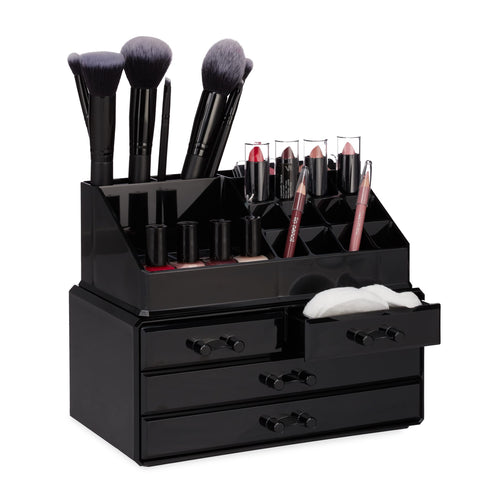 Relaxdays Make Up Organizer Acryl, 2-teilige Schminkaufbewahrung mit Lippenstifthalter und 4 Schubladen, transparent, 19 x 24 x 13.5 cm
