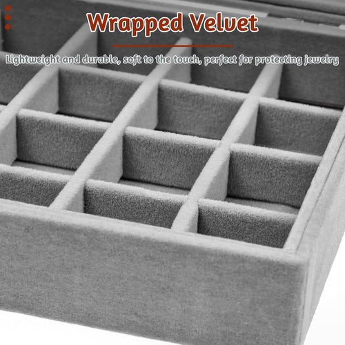 AMJKEJI Jewelry Organizer Schmuckkasten Grau 24 Fächer, Samt Aufbewahrung Schmuckkasten mit Glas Deckel, Verstellbar Schmuckschatulle für Halskette, Ring, Armband, Ohrringe