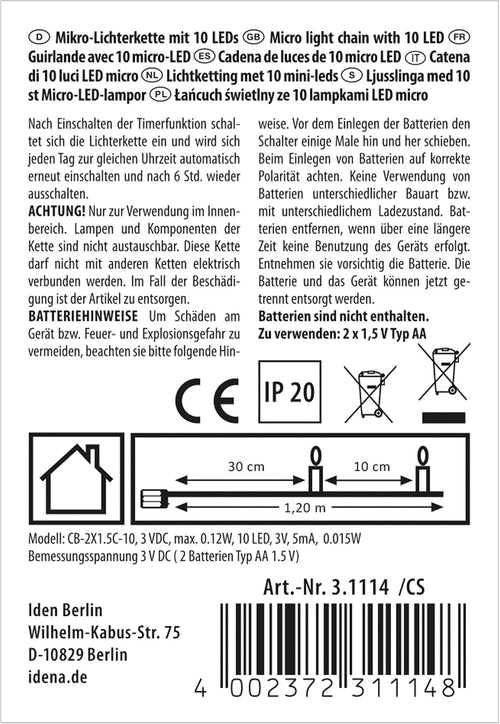 Idena Micro Lichterkette Innen 10 LEDs in Warmweiß, 1,2 m
