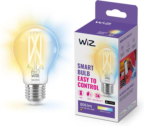 WiZ Tunable White LED Lampe, Standardform 1er-Pack E27, 60W, transparentes Vintage Design, dimmbar, warm- bis kaltweiß, smarte Steuerung per App/Stimme über WLAN