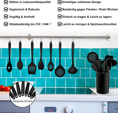 Homikit Silikon Küchenhelfer Set, 12 Stück Schwarz Kochutensilien