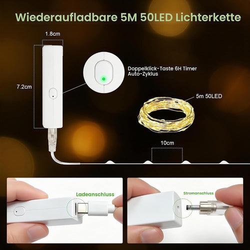 Mini Lichterkette 5M 50LED Warmweiß, Wiederaufladbar USB, Timer, 8 Modi, Wasserdicht, für Innen Außen, Garten, Hochzeit, Party, Weihnachten, 2 Stück