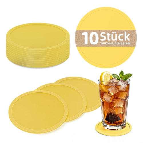 HELI MIAO Untersetzer Gläser Silikon mit Halter,rutschfest Glasuntersetzer mit Hohem Rand für Auslaufschutz,Hitzebeständig Tassenuntersetzer für Couchtisch,Esstisch&Bar,10Stück mit Halter Schwarz