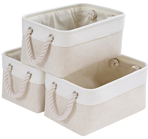 Mangata Aufbewahrungsbox Stoff,Klein Waschbare Aufbewahrungskorb, Korbe in Würfel für Schrank Regal und Kleidung(Hellbeige/Weiß, S, 1 Set)