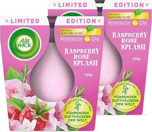 Air Wick Wohlfühl-Duftkerze DUO im Glas – Duft: Raspberry Rose Splash – Enthält natürliche ätherische Öle – Duftkerzenset mit je 2 Kerzen
