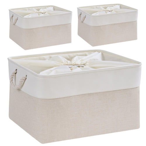Mangata Aufbewahrungsbox Stoff,Klein Waschbare Aufbewahrungskorb, Korbe in Würfel für Schrank Regal und Kleidung(Hellbeige/Weiß, S, 1 Set)