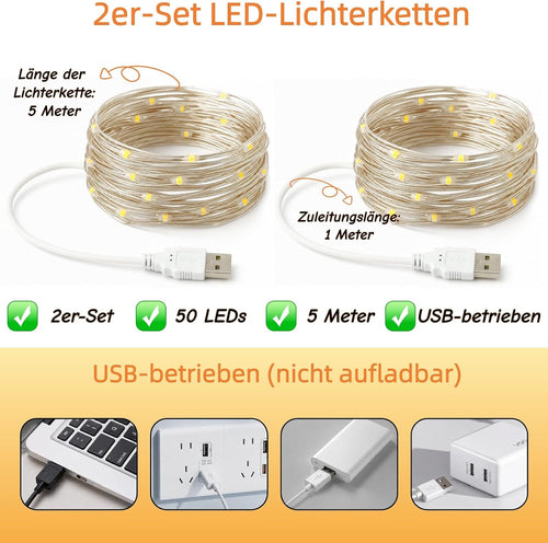 2 Stück Led Lichterkette mit USB, Wasserdicht, 5M 50er Micro Silver LED